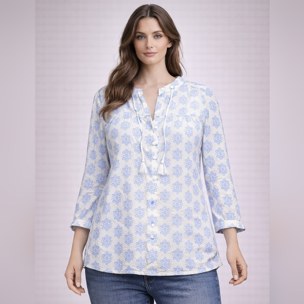 Vineyard Vines Women Blue White Cotton Boho‎ Tunic Top Tassel Size M